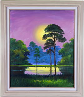 JAMES GIBSON PURPLE SUNSET HIGHWAYMEN PAINTING: James Gibson (1938-2017) Highwaymen painting of a Florida backwoods landscape with colorful purple sunset sky, tall pine trees, green vegetation, birds, and water. Signed lower right. Measures 24" x 2