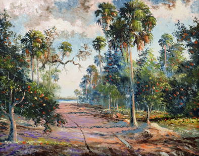 SAM NEWTON ORANGE GROVE HIGHWAYMEN PAINTING: Sam Newton (b.1948) Highwaymen painting of a Florida orange grove landscape. The scene depicts a dirt road lined with palm trees and orange trees under a cloudy blue sky. Signed lower left. Measures 2