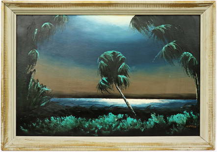 JAMES GIBSON NIGHT RIVER HIGHWAYMEN PAINTING: James Gibson (1938-2017) Early vintage painting of a Florida night river landscape with blue moonlit sky, vegetation, water, and lone palm tree. Signed lower right. Measures 36" x 24" on upson board &