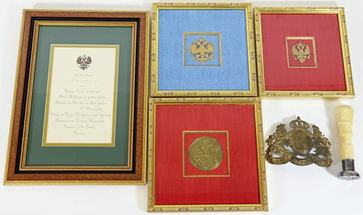 IMPERIAL RUSSIAN PRUSSIAN BADGES / SHIELDS & MORE: A collection of military items to include 2 framed Russian Imperial Double Eagle Crests, a framed double eagle Russian Federation Coat of Arms medallion, a Bavarian Pickelhaube helmet plate, an Imperi