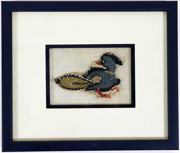 ANCIENT EGYPTIAN COPTIC TEXTILE FRAGMENT OF A BIRD: An ancient Egyptian textile that dates to c400 AD per information located on verso. Not examined from frame. Framed 8" x 6.75". From the Andrew Cunningham Ware Estate.