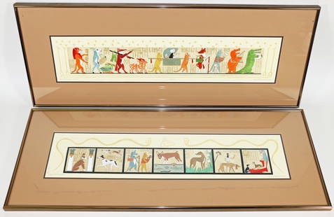 (2) MEL & JAN FLECK EGYPTIAN ETCHINGS: Pair of framed colored etchings by Mel Fleck & Jan Fleck of Egyptian themes. Each is pencil signed and numbered including "An Egyptian Fable" 99/250 and "Dogs of Egypt" 151/250. Each measures 34.25" x