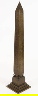 TIFFANY & CO. BRONZE EGYPTIAN OBELISK BY GORRINGE: Bronze Egyptian obelisk with hieroglyphics. Marked on side Antique Bronze No 13 and on bottom Copyright 1881 by Henry H.
