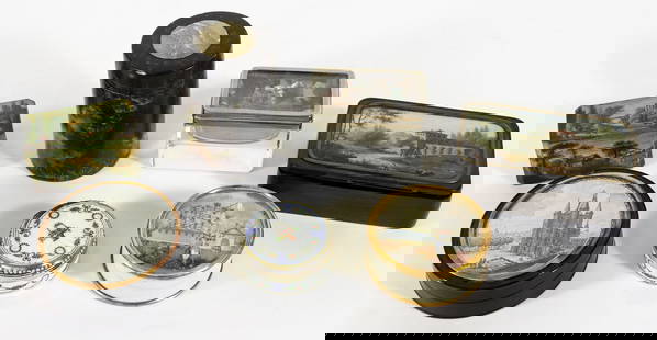 (7) ANTIQUE SNUFF & TRINKET BOXES: A collection of snuff and trinket boxes to include a French enamel sterling with gold wash interior box, a box with a scene of the storming of the Bastille with mother of pearl, gilded metal and glass