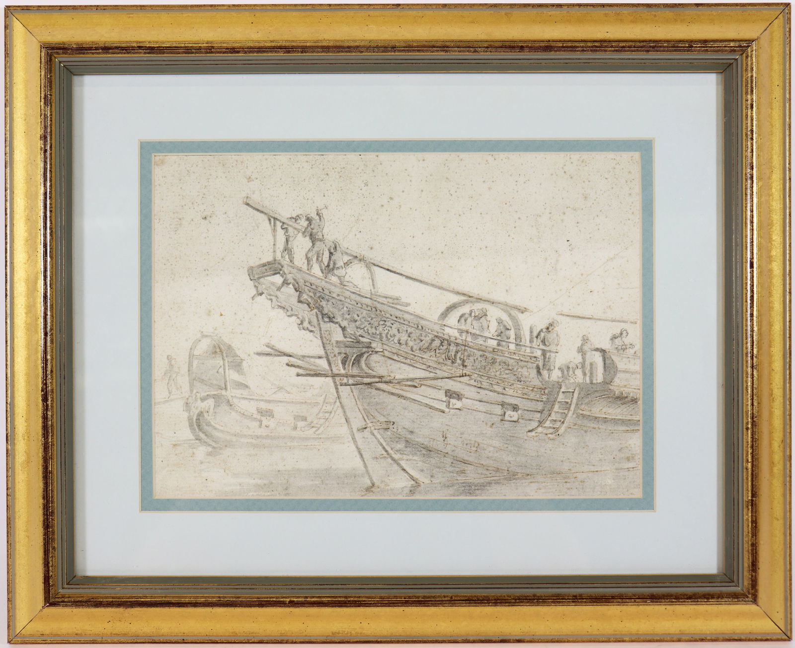 18TH CENT. ADRIEN MANGLARD DRAWING ON PAPER: Adrien Manglard (French, 1695-1760) Original pencil drawing of a Papal Boat vessel at a Roman coastal port. Framed measures 12 1/4" x 15", sight measures 6 1/2" x 9". Not examined outside of frame. Fr