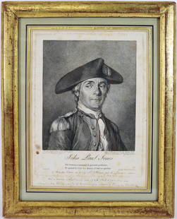 1780 ENGRAVING JOHN PAUL JONES BY MOREAU le JEUNE: A very rare engraving of John Paul Jones by illustrator and engraver Jean Michel Moreau (1741 - 1814) also known as Moreau le Jeune the Younger, that was reportedly sketched from life in 1780 while bo