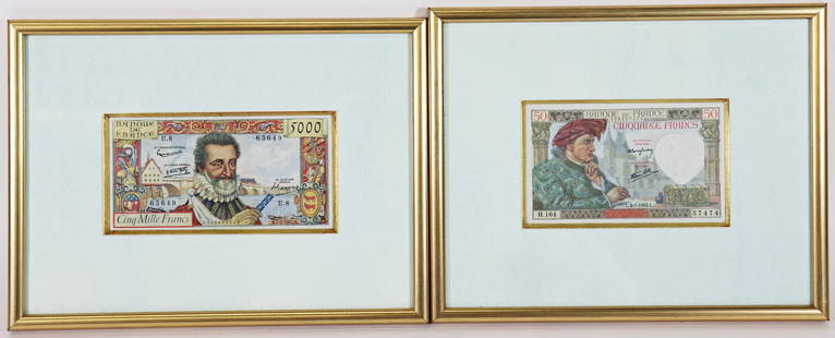 (2) FRENCH FRAMED FRACS BANKNOTES 1942 & 1957: A pair of framed French banknotes that appear to be uncirculated. One is a Henri IV 1957 Banque de France banknote and the other is a 50 francs banknote referred to as a Jacques Coeur series 1942. Not