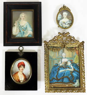 (4) ANTIQUE MINIATURE PORTRAITS OF NOBLE WOMEN: A collection of miniature portrait paintings of notable women to include Lady Hester Stanhope, Francoise D'Aubige Marquise, Madame Adelaide of France and other women of nobility. They range in size fr