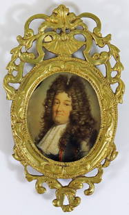 JAMES SCOTT DUKE OF MONOMOUTH MINIATURE PORTRAIT: A miniature portrait painting of James Scott Duke of Monmouth, and illegitimate son of King Charles II. Faintly signed. Attributed to Nicolas de Largilliere. 2" x 1.75" in metal frame 4.5" x 2.75"