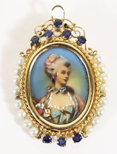 14K MINIATURE PORTRAIT PAINTING LADY PENDANT PIN: A lovely hand painted miniature portrait of a beautiful French Victorian era lady encased in a 14K yellow gold frame. The frame is accented with pearls and sapphires. It can be worn as a pendant or a