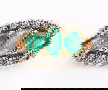 14K COLOMBIAN EMERALD & DIAMOND RING: Ladies ring 18K fold, split shank, multi-stone mounting, each upper shank portion prong set with (8) .02ct. full cut diamonds, of good quality- total weight (16) .32ct., center row with (3) four prong