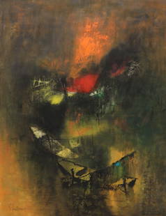 LEBADANG OIL ON CANVAS "DEUX BARQUES DE PECHEURS": Hoi Lebadang (1921-2015) Painting of two fishing boats at sunset with the title written on verso: Deux Barques de Pecheurs" and what looks like a pencil signature Lebadang. It measures 25.5" x 32" and