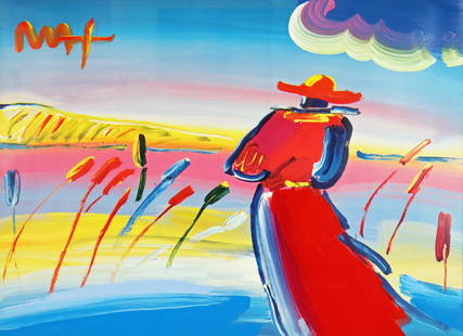 PETER MAX "WALKING IN THE REEDS" 2001 MIXED MEDIA: Peter Max (b. 1937) Colorful framed mixed media on paper "Walking in the Reeds" 2001, registration number 103368.0414. There is an original hand drawn sketch by artist on the back. Measures 32 1/2" ta
