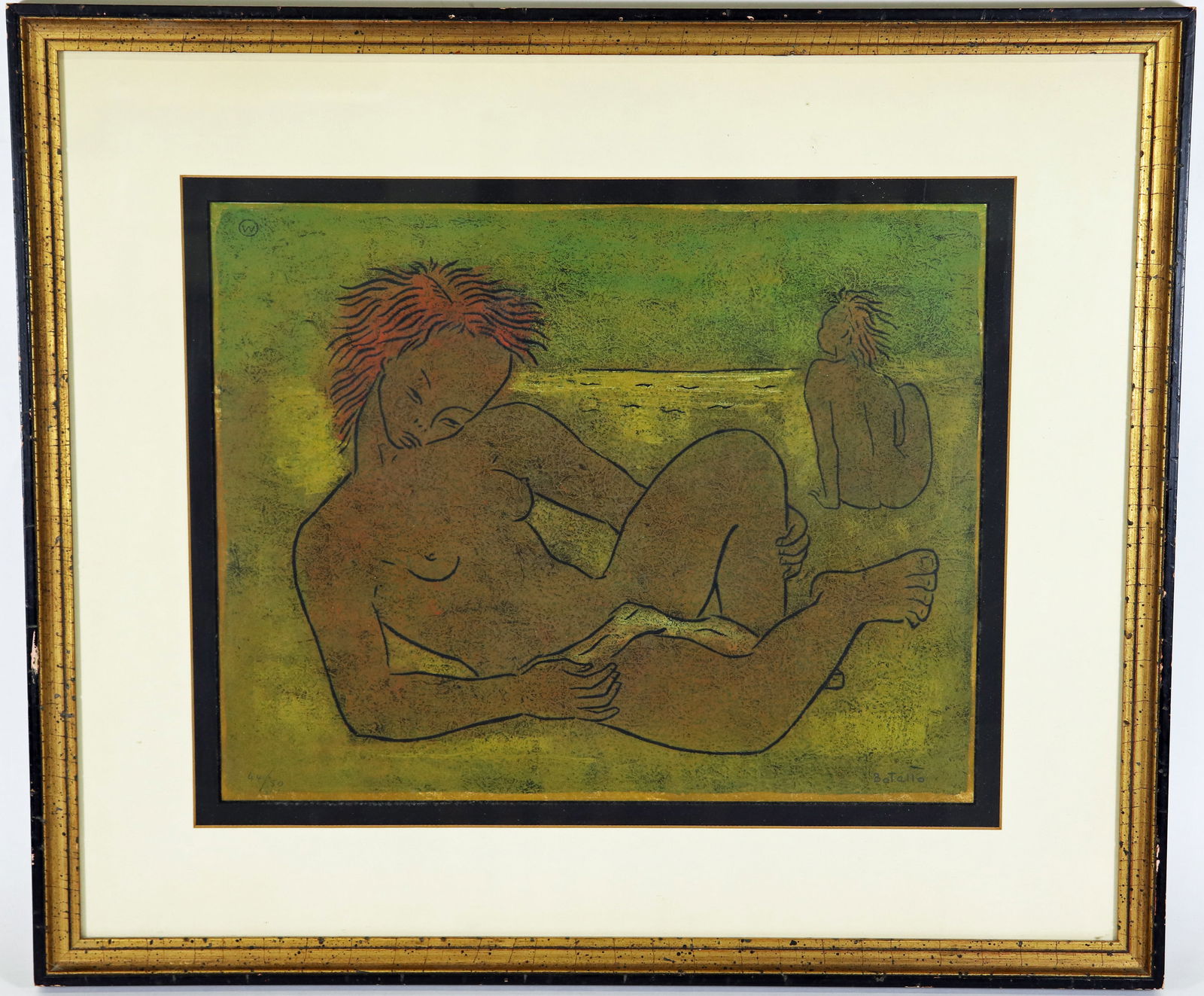 ANGEL BOTELLO "TWO FIGURES" LINOCUT: Angel Botello (1913-1986) Color linocut of two nude women sunbathing. Signed lower right and numbered 44/50 lower left. Measures 17" x 13.5" (image) and framed 25.5" x 21.75".