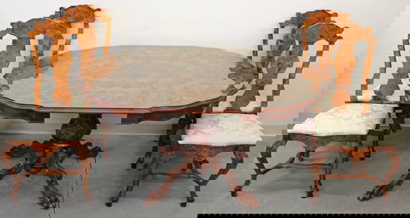ITALIAN MARQUETRY DINING TABLE & (4) CHAIRS: Italian marquetry inlaid dining table with leaf in the middle that folds under table and (4) burlwood style inlaid chairs. Table measures 62" x 46" wide with leaf, 31.5" tall. Custom protective glass