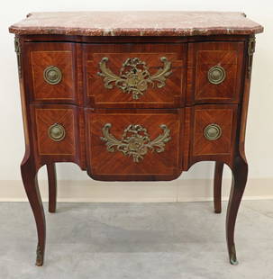 ANTIQUE LOUIS XV STYLE MARBLE TOP COMMODE: Louis XV style two drawer chest with marble top. Measures 31.5" tall 27.5" x 17" wide.