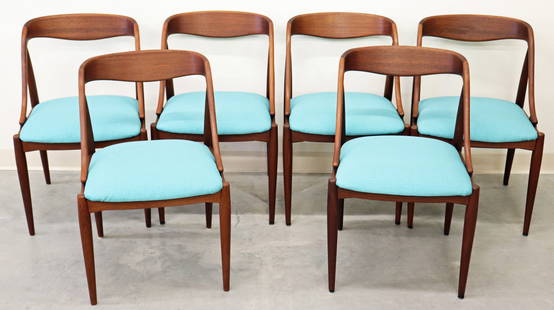 (6) JOHANNES ANDERSEN MID CENTURY MODERN CHAIRS: Set of (6) Mid Century Modern Danish Johannes Andersen dining chairs with curved backs. 19" x 17" wide at seat 31" to back.
