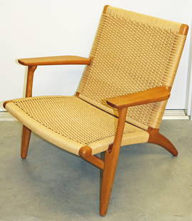 HANS WEGNER CARL HANSEN MODERN ARMCHAIR: Modern Hans Wegner Carl Hansen Easy lounge chair with woven design. Measures approximately 28" wide at arms, seat depth 18.25".