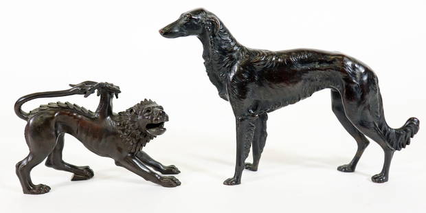 (2) MEIJI BRONZE SCULPTURES - DOG & CHIMERA: A bronze Borzoi Russian Wolfhound dog with very fine detail. Meiji period bronze with Japanese hallmarks.9.5" x 6"x 2". Also included is a bronze Chimera of Arezzo Etruscan bronze sculpture. Hallmarke