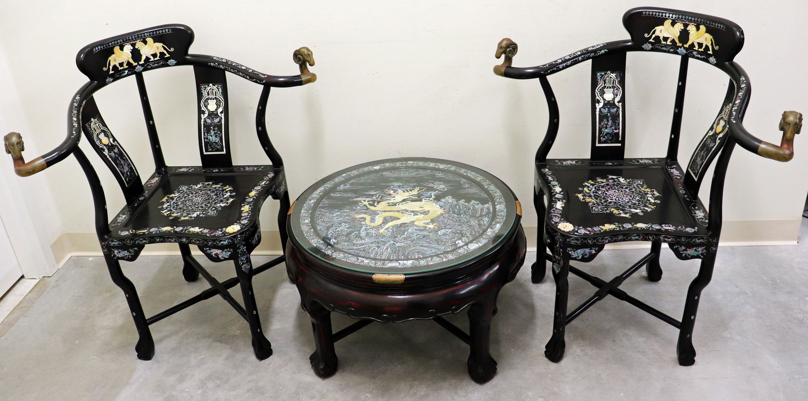 (2) ASIAN MOTHER OF PEARL ACCENTED CHAIRS & TABLE (1 of 5)