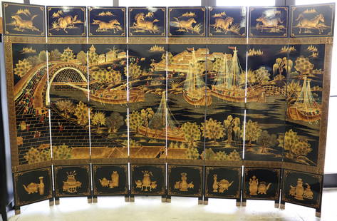 CHINESE COROMANDEL 8 PANEL FLOOR SCREEN: Large Chinese eight panel Coromandel two sided lacqured wood room divider screen. One scenic side with landscapes, buildings, and figures. Other side painted black with gold bamboo design. Measures 84
