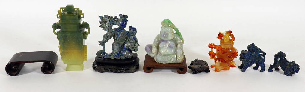 (4) CHINESE JADE / LAPIS / AGATE CARVINGS W/STANDS: A collection of Chinese carved items to include a tri colored white lavender and green jade "laughing" Buddha, 3.75" x 3.75" x 2", a variegated yellow to green jade lidded urn with dragon handles with