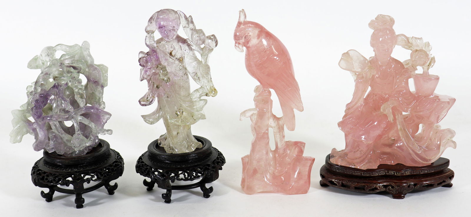 (4) CHINESE HARDSTONE CARVINGS: A collection of Chinese carved sculptures to include a quartz / fluourite (?) very intricately carved with a rat and fox atop a bunch of grape leaves in a multi colored stone that turns from a jadeite