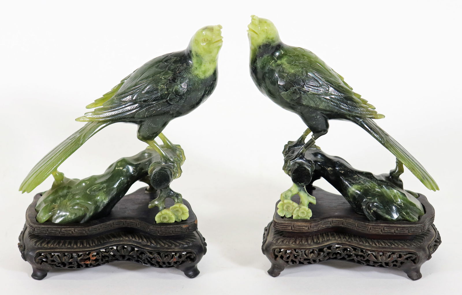 (2) CHINESE CARVED GREEN JADE BIRDS ON WOOD STANDS (1 of 3)