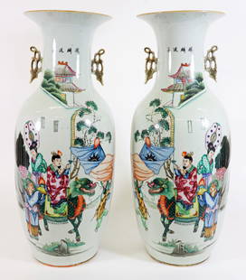 (2) TALL CHINESE FAMILLE ROSE VASES: Pair of Chinese Famille Rose Fencai vases. Vases decorated with figures and calligraphy writing. Each vase measures 22.75" tall approximately 9" wide.