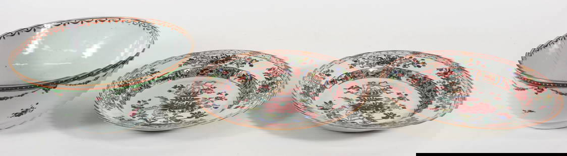 (3) ANTIQUE CHINESE EXPORT FAMILLE ROSE BOWLS: Includes two circa 18th century Chinese export Famille Rose plates/bowls, measuring 9 1/4" x 1 1/2" and one round Chinese export Famille Rose punch bowl, measures 9 1/4" x 4". Crack to bowl, repair to