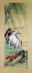 CHINESE WATERCOLOR ATT'B SHINING LANG: A Chinese watercolor scroll painting framed under glass. Vibrantly colored horses frolicking under a tree. Signed on bottom right with red seal on left. Att'b to Shining Lang aka Giuseppe Castiglione.