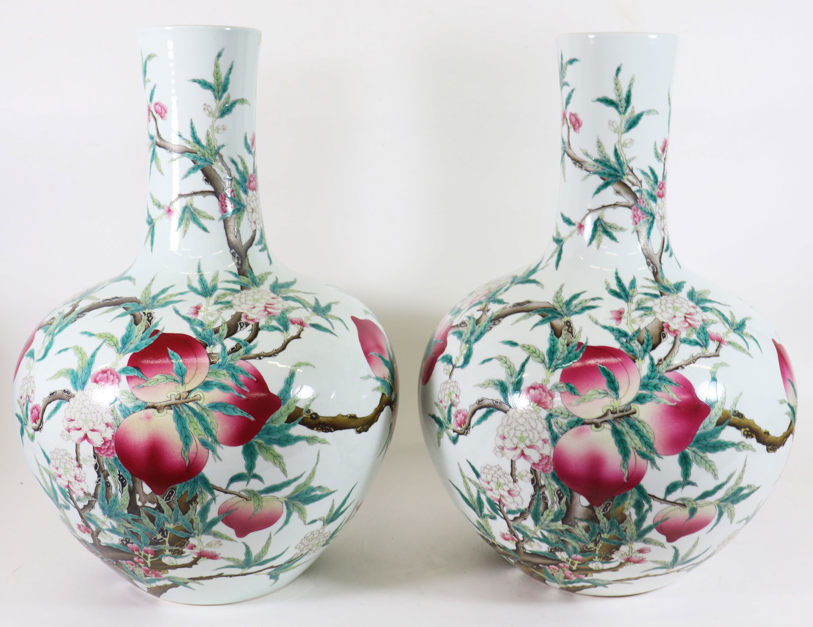LARGE CHINESE FAMILLE ROSE PEACH PORCELAIN VASES (1 of 5)