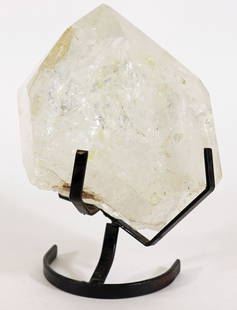 HUGE NATURAL ROCK CRYSTAL SPECIMEN ON STAND: This large rutilated quartz rock crystal specimen on a metal stand. 8.5" X 6" X 5.5". It looks like the tip of an iceberg. This specimen weighs almost 12 lbs.