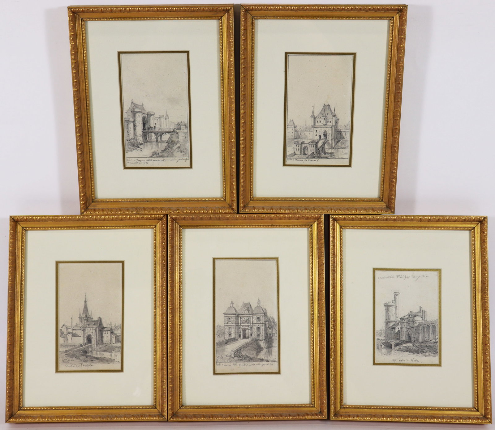 (5) EUROPEAN PENCIL DRAWINGS: Set of (5) European pencil sketch drawings of castles and landmarks. Each measures 9.25" x 7" framed. From the estate of Andrew Cunningham Ware.