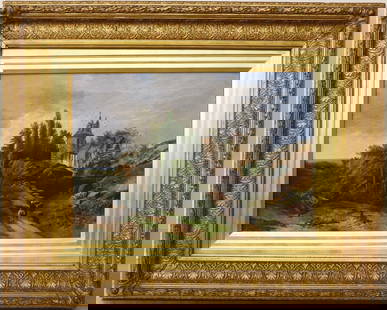 19th CONTINENTAL SCHOOL LANDSCAPE PAINTING: A European landscape oil on canvas with a castle in the background and a mother holding her child's hand while they walk over the path. Gilt wood frame. Label on verso from "European Country Antiques"
