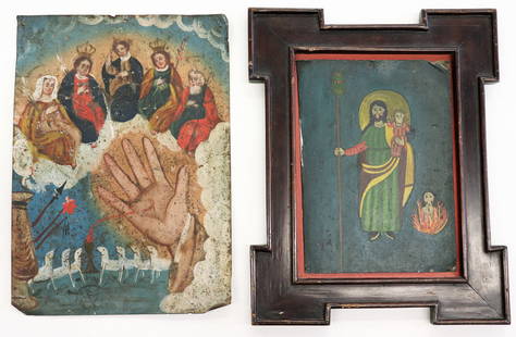 (2) SPANISH COLONIAL TIN RETABLOS: Includes a Mexican Folk Art retablo painted on tin of Santo Nino de Jesus, Mary & Joseph with Christ's large hand , Las Cinco Persona, The Fifth Persons and sheep representing the followers. Measures