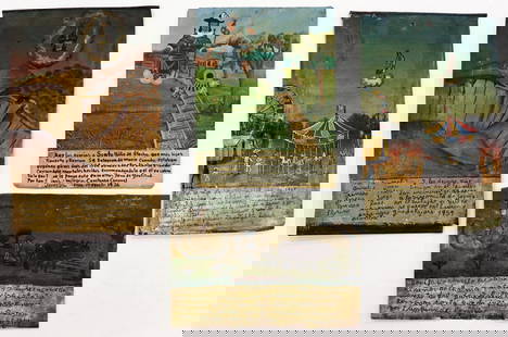 (4) TIN RETABLOS - SPANISH COLONIAL PAINTINGS: A collection of painted tin Mexican Folk Art retablos. Includes: Santo Nino de Atocha with a message of gratitude for saving the author's children, Roverto and Ramon from death when they were playing