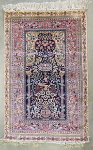 PERSIAN KASHAN HAND KNOTTED SILK PRAYER RUG: Persian prayer rug with birds. Measures 30" x 48"