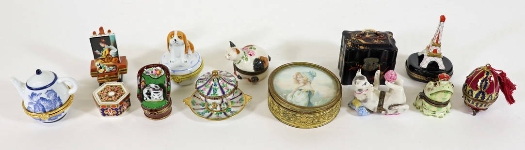 VINTAGE LIMOGES BOXES & MORE: A collection of Peint Main Limoges trinket boxes, a portrait box, a Japanese lacquer box, and more.