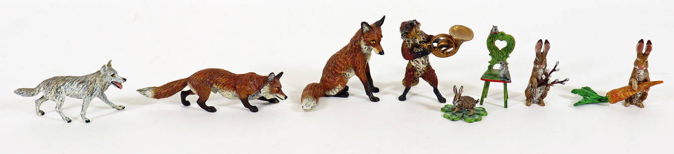 (8) MINIATURE AUSTRIAN FRANZ BERGMAN FIGURINES: A collection of miniature cold painted Austrian bronze animals to include a fox playing a French horn, a seated fox, a walking fox, a bunny rabbit holding flowers, a rabbit holding a carrot, a rabbit