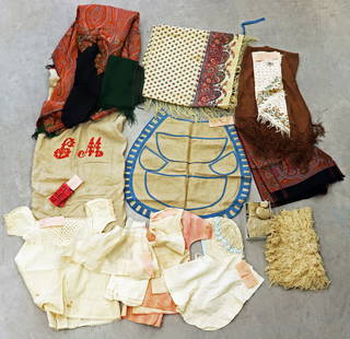 CIVIL WAR ERA CLOTHING: A collection of clothing from the Preston Family to include a hand sewn white dress with fine lace, a bonnet and shoes, children's clothing, shawls, scarves, collars, a child's Cossack outfit and othe