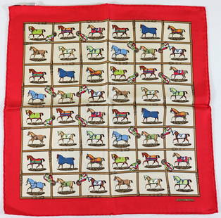 VINTAGE HERMES PARIS SILK SCARF - PETITS CHEVAUX: A rare vintage Hermes silk pocket scarf with small show horses in little squares. Most likely designed by Jacques Eudel. 16.5" x 16.5". Nice condition. With label. *In house shipping available within