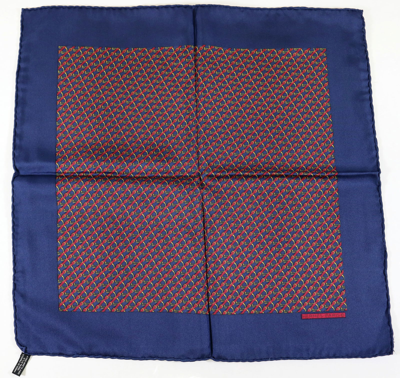 VINTAGE HERMES PARIS SILK SCARF - CARRE EPERONS: A vintage Hermes silk pocket scarf created in 1946 by designer Manuel Canovas. 16.5" x 16.5". Nice condition. With label. *In house shipping available within the US