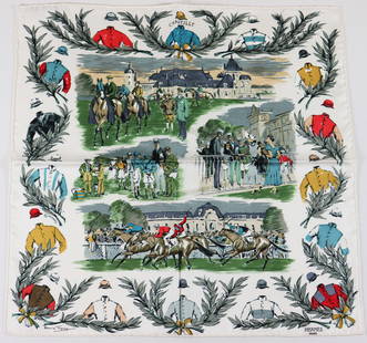 VINTAGE HERMES PARIS SILK SCARF - CHANTILLY: A very rare vintage Hermes silk pocket scarf designed by Maurice Taquoy with a design of a horse race "Champ de courses a Chantilly". Measures 16.5" x 16.5". Nice condition. With label. *In house ship