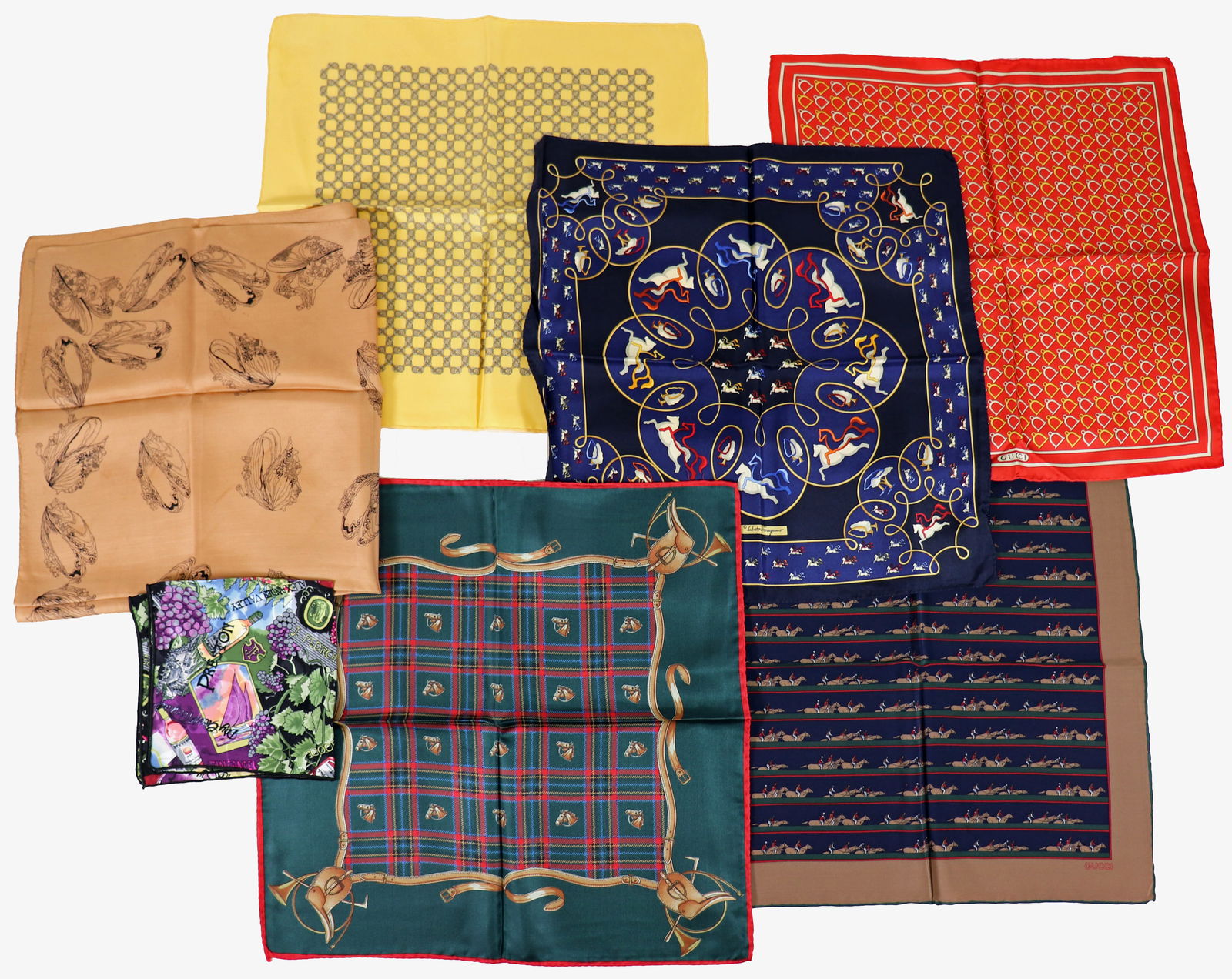 7 VINTAGE SILK SCARVES - GUCCI - FERRAGAMO-HERMES: A collection of assorted silk pocket scarves to include a rare Gucci Italy double signed equestrian horse race pocket scarf 16" x 16" with tag, An Hermes Paris silk pocket scarf with a geometric patte