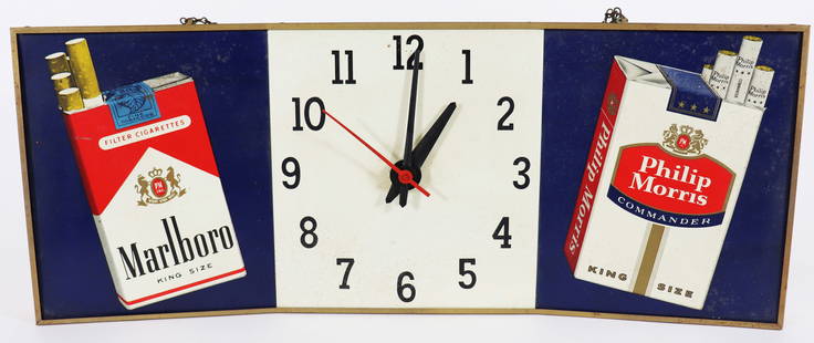 VINTAGE MARLBORO PHILIP MORRIS ADVERTISING CLOCK: A vintage Philip Morris and Marlboro cigarette advertising clock. Union label sticker on back from Ohio Advertising Display Co. Clock runs. Measures 26.5" x 11" x 2"