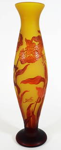 EMILE GALLE INSPIRED ART NOUVEAU GLASS VASE RED: A tall, slender Galle' inspired French art nouveau cameo glass vase, with red floral design against a yellow glass background. Measures 18"x 5 1/4" .