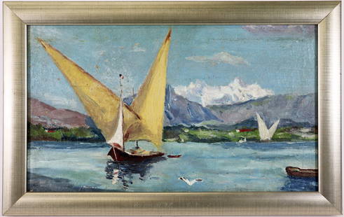 ANCHORED VESSELS HARBOUR SCENE OIL PAINTING: Oil painting of a peaceful harbor scene with sailing vessels, birds and mountains, muted blues and greens. Measures 13" x 20" framed. From the Andrew Cunningham Ware Estate.