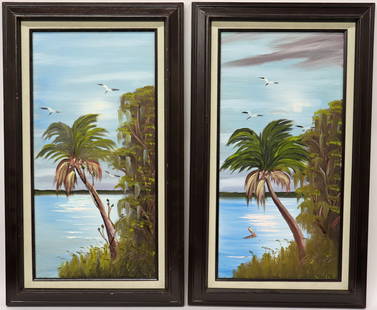 (2) AL BLACK RIVER PALM TREES HIGHWAYMEN PAINTINGS: Al Black (1945-2025) Pair of Florida Highwaymen paintings of moonlit palm trees along the river. Each signed lower right. Paintings measure 24" x 12" on canvas and 29.5" x 17.5" w/ frames.