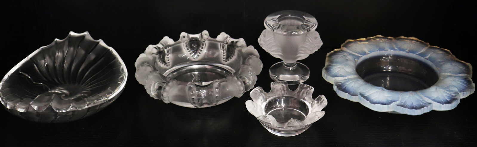 (5) LALIQUE CRYSTAL HONFLEURS BOWL VASES & MORE: Includes a 8 1/4" Lalique "Honfleurs" opalescent floral crystal bowl, Lalique France inscribed on bottom, some scratches underneath bottom of bowl, a "Filicara" fern motif Lalique crystal vase, inscri